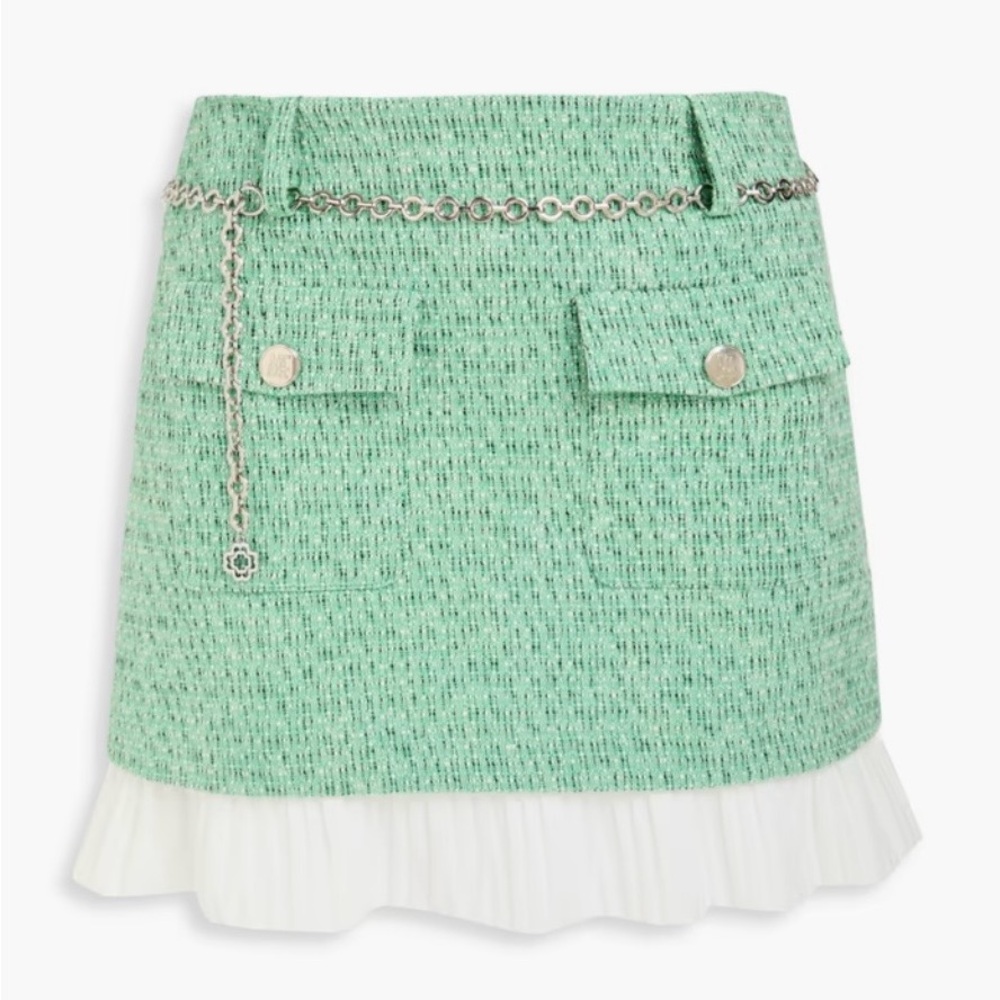 Maje Size 34 Mint Green satin trimmed cotton blend Mini Skirt w/ Chain belt NWOT